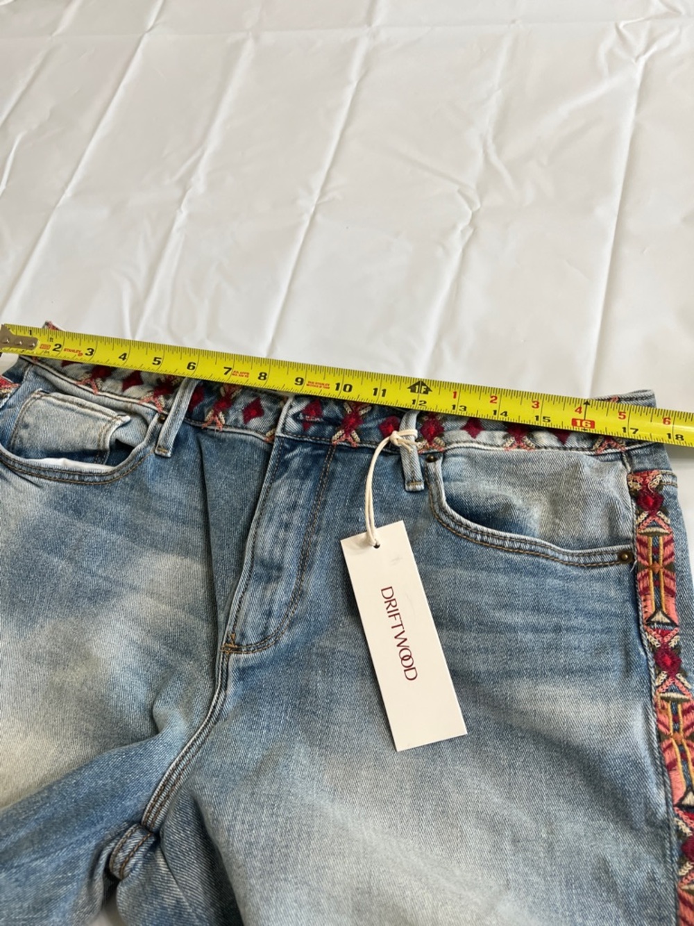 DRIFTWOOD Light Blue Denim Shorts with Red Embroidered Trim - Picture 9 of 15